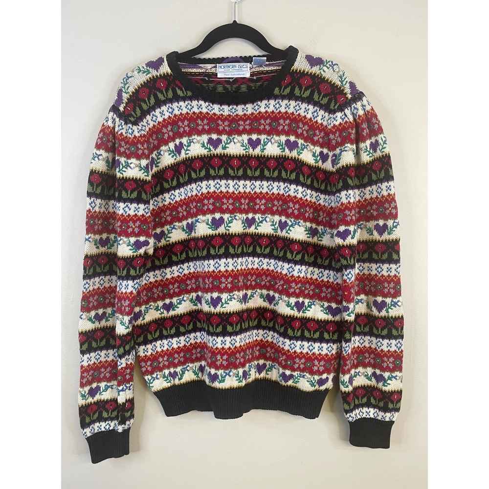Northern Isles Vintage Folk Art Sweater XLarge Cottage Fair Isle Heart Hand Knit